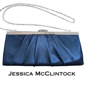 Jessica McClintock Satin Evening Clutch Bag Dark Royal Blue Pleated Chain Strap